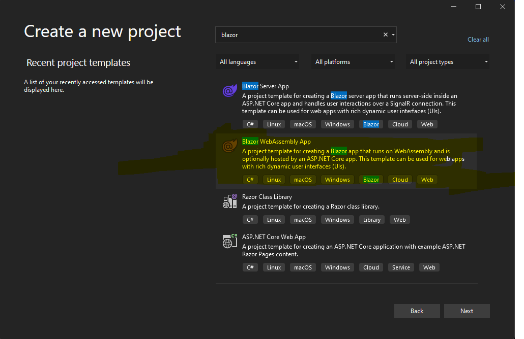 Visual Studio new project screen showing Blazor WebAssembly template