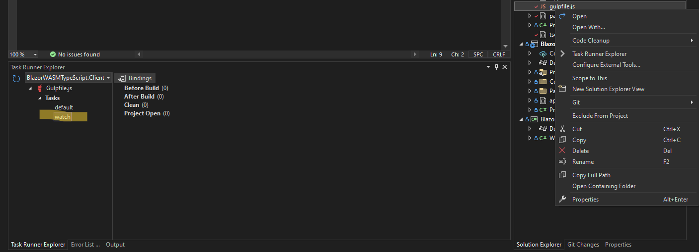 Right-click context menu on gulpfile.js showing Task Runner Explorer option