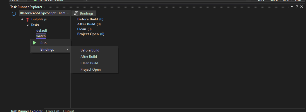 Task Runner Explorer with watch task binding options